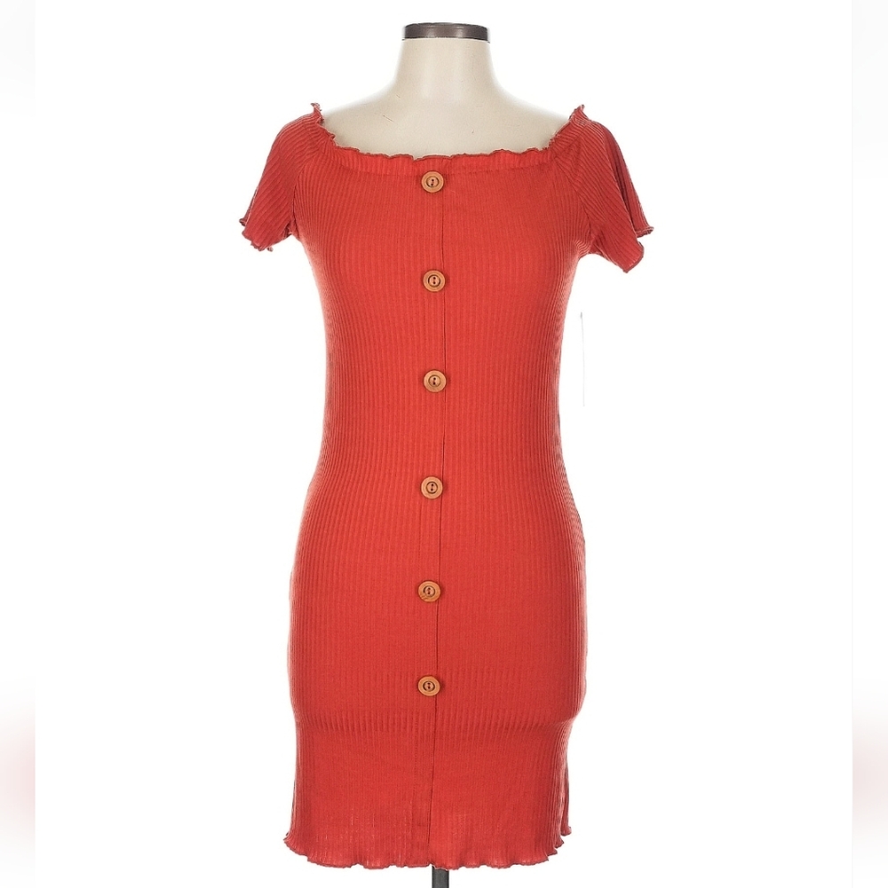 Full Circle Trends Ribbed Off Shoulder Button Front Bodycon Midi Dress Rust L - Picture 2 of 10